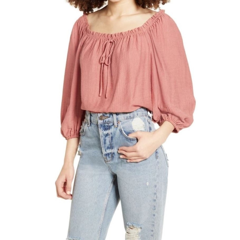 All In Favor Women's Off The Shoulder Tie Neck Peasant Top in Canyon Rose Large